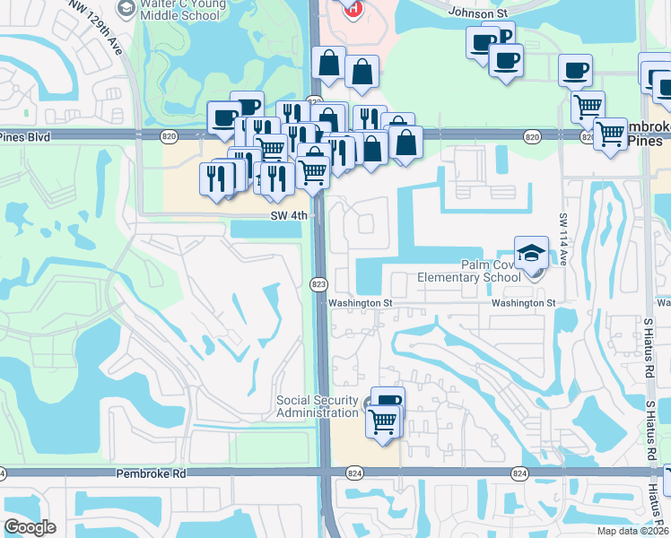 map of restaurants, bars, coffee shops, grocery stores, and more near 601 South Flamingo Road in Pembroke Pines