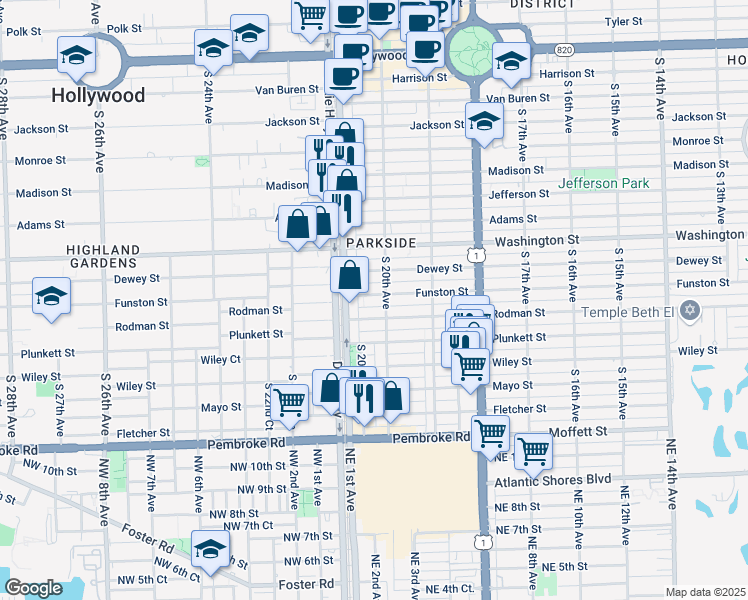 map of restaurants, bars, coffee shops, grocery stores, and more near 2029 Funston Street in Hollywood