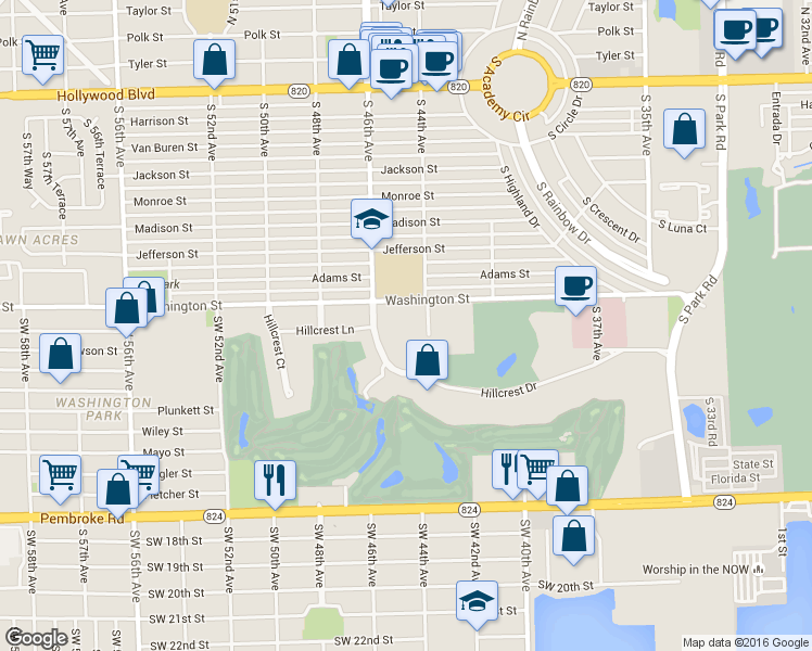 map of restaurants, bars, coffee shops, grocery stores, and more near 901 Hillcrest Drive in Hollywood