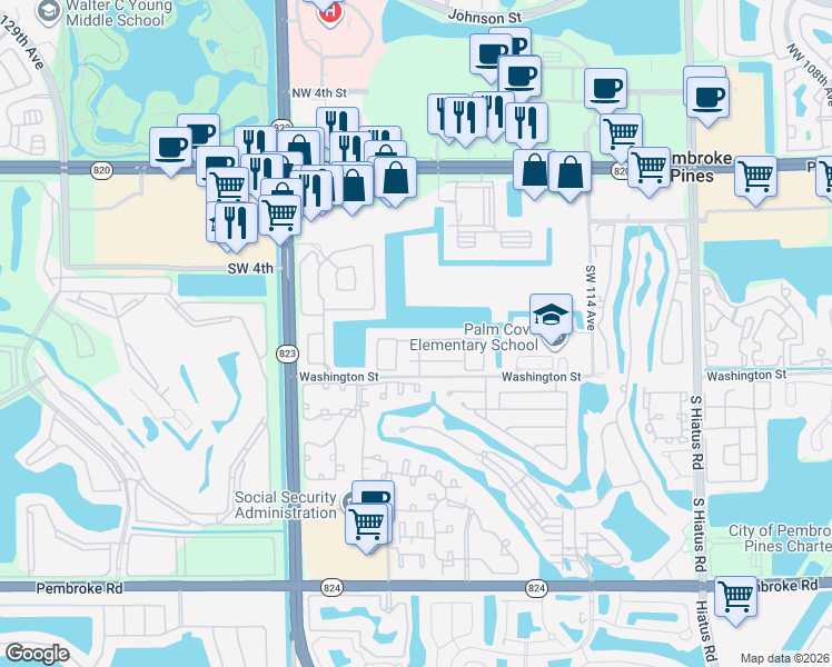 map of restaurants, bars, coffee shops, grocery stores, and more near 11901 Southwest 7th Street in Pembroke Pines