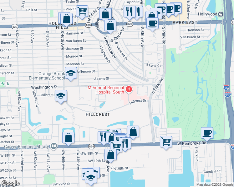 map of restaurants, bars, coffee shops, grocery stores, and more near 3850 Washington Street in Hollywood