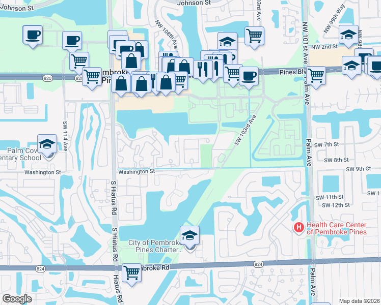 map of restaurants, bars, coffee shops, grocery stores, and more near 662 Southwest 106th Avenue in Pembroke Pines