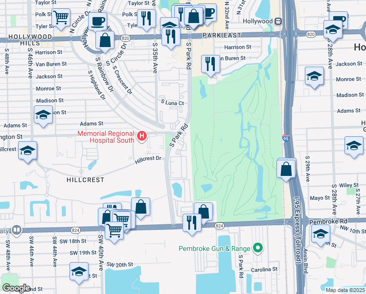 map of restaurants, bars, coffee shops, grocery stores, and more near 911 South Park Road in Hollywood