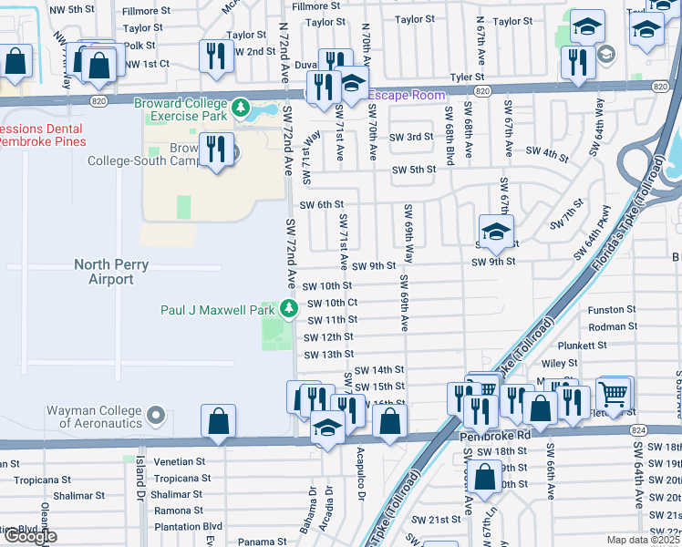 map of restaurants, bars, coffee shops, grocery stores, and more near 7101 Southwest 9th Street in Pembroke Pines