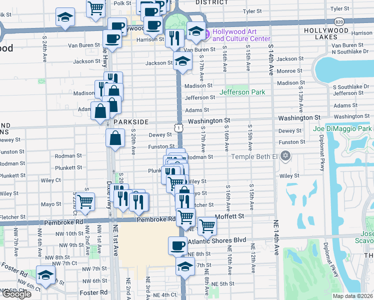 map of restaurants, bars, coffee shops, grocery stores, and more near 1739 Funston Street in Hollywood