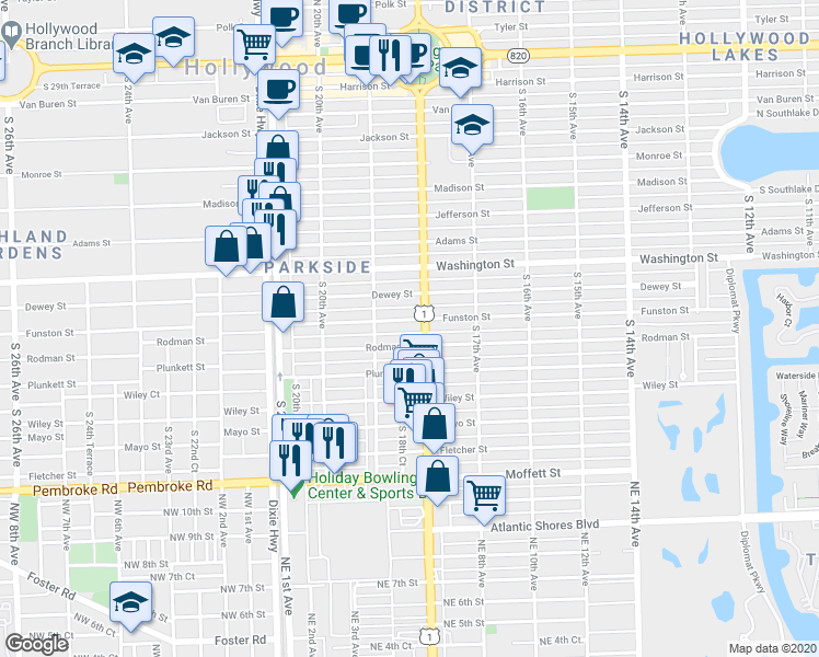 map of restaurants, bars, coffee shops, grocery stores, and more near 1817 Funston Street in Hollywood