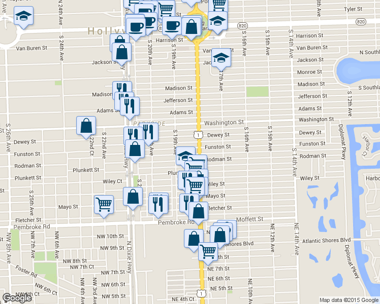 map of restaurants, bars, coffee shops, grocery stores, and more near 1817 Funston Street in Hollywood