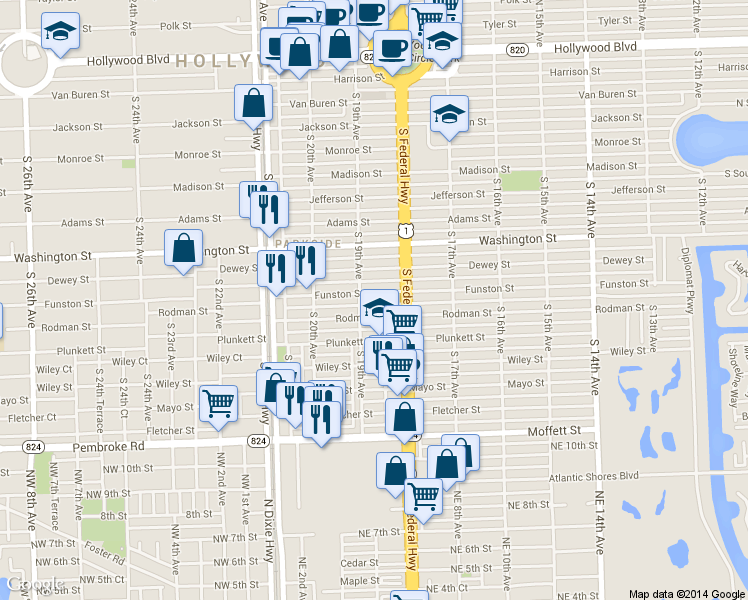 map of restaurants, bars, coffee shops, grocery stores, and more near 1817 Funston Street in Hollywood