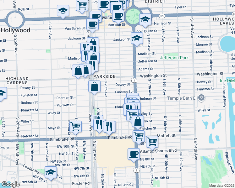 map of restaurants, bars, coffee shops, grocery stores, and more near 1014 South 19th Avenue in Hollywood
