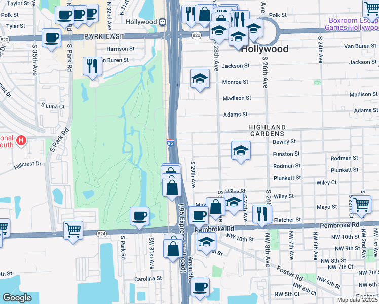 map of restaurants, bars, coffee shops, grocery stores, and more near 2916 Dewey Street in Hollywood