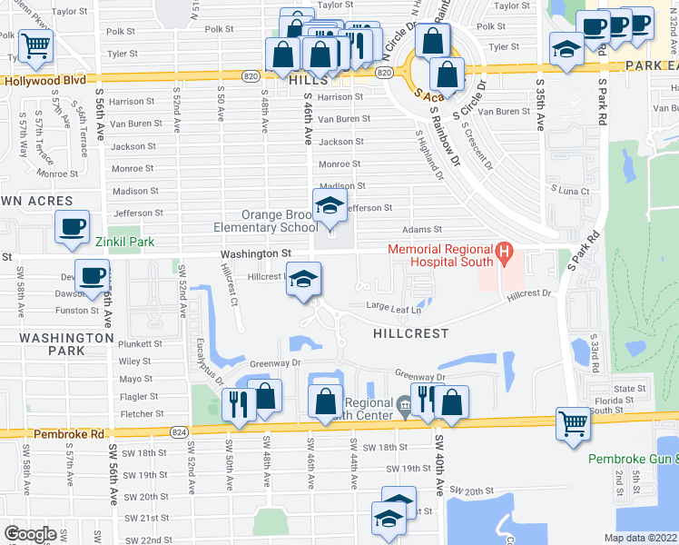 map of restaurants, bars, coffee shops, grocery stores, and more near 901 Hillcrest Drive in Hollywood