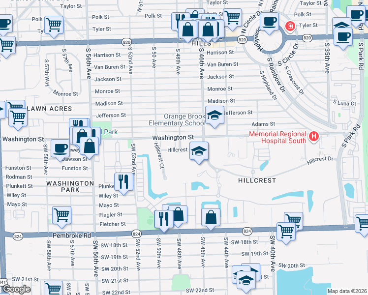 map of restaurants, bars, coffee shops, grocery stores, and more near 4802 Washington Street in Hollywood