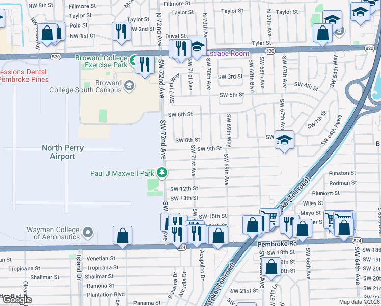 map of restaurants, bars, coffee shops, grocery stores, and more near 7101 Southwest 9th Street in Pembroke Pines