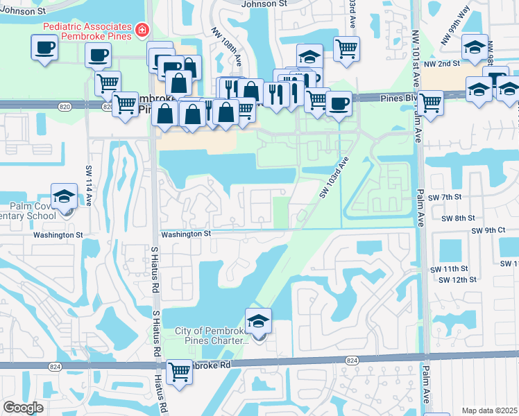 map of restaurants, bars, coffee shops, grocery stores, and more near 662 Southwest 106th Avenue in Pembroke Pines