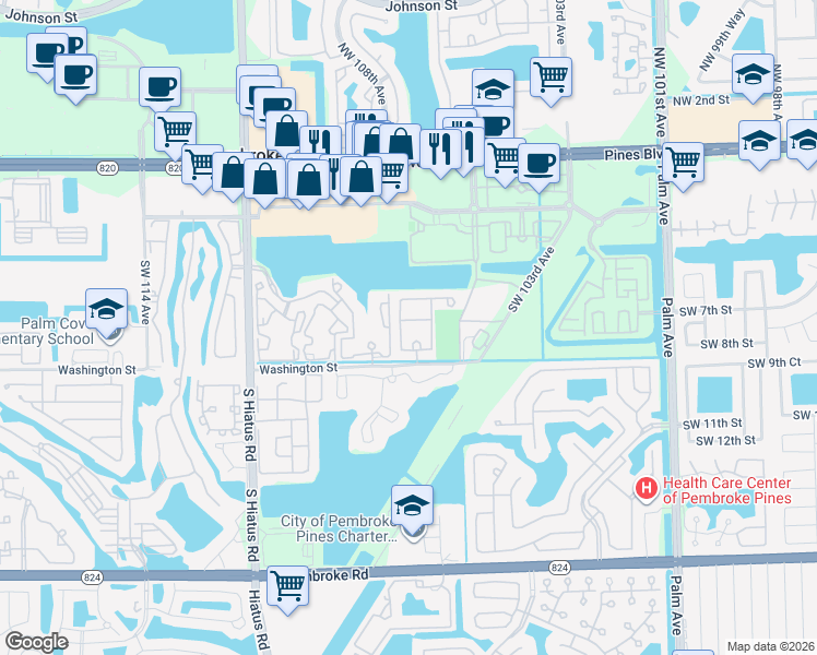 map of restaurants, bars, coffee shops, grocery stores, and more near 636 Southwest 107th Avenue in Pembroke Pines