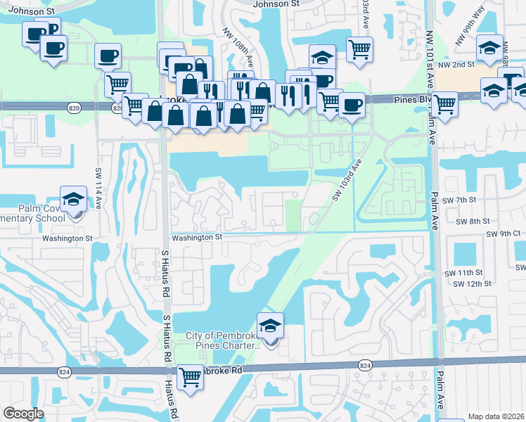 map of restaurants, bars, coffee shops, grocery stores, and more near 636 Southwest 107th Avenue in Pembroke Pines