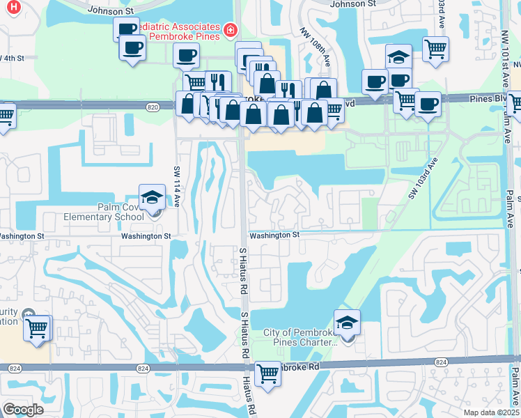 map of restaurants, bars, coffee shops, grocery stores, and more near 11133 Southwest 8th Street in Pembroke Pines