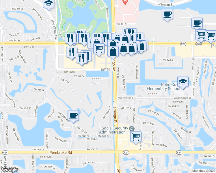 map of restaurants, bars, coffee shops, grocery stores, and more near 650 Southwest 124th Terrace in Pembroke Pines