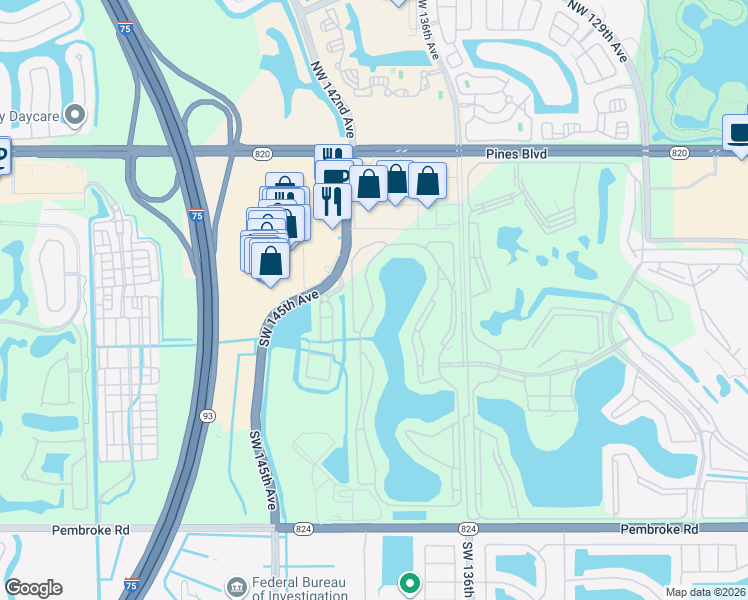 map of restaurants, bars, coffee shops, grocery stores, and more near 571 Southwest 141st Avenue in Pembroke Pines