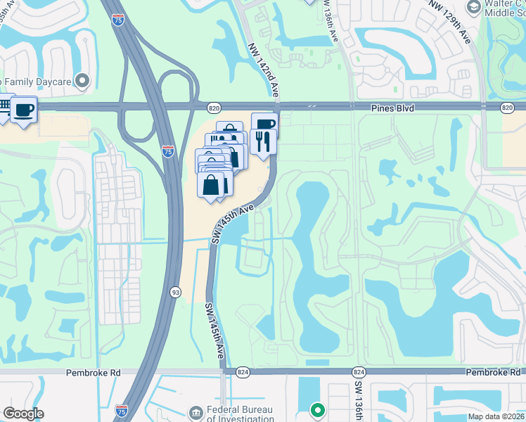 map of restaurants, bars, coffee shops, grocery stores, and more near 14300 Southwest 8th Street in Pembroke Pines