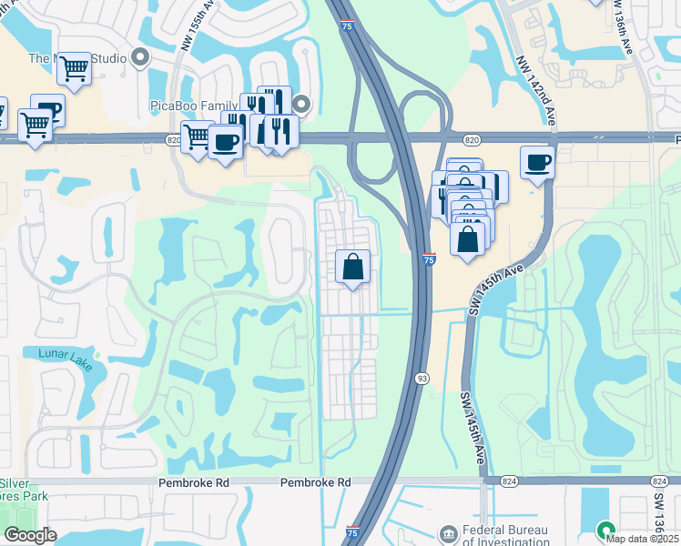 map of restaurants, bars, coffee shops, grocery stores, and more near 634 Southwest 148th Avenue in Pembroke Pines