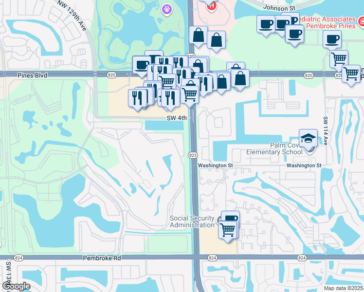map of restaurants, bars, coffee shops, grocery stores, and more near 650 Southwest 124th Terrace in Pembroke Pines