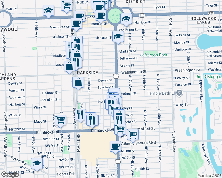 map of restaurants, bars, coffee shops, grocery stores, and more near 1817 Funston Street in Hollywood