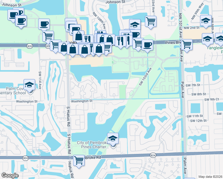 map of restaurants, bars, coffee shops, grocery stores, and more near 713 Southwest 107th Avenue in Pembroke Pines
