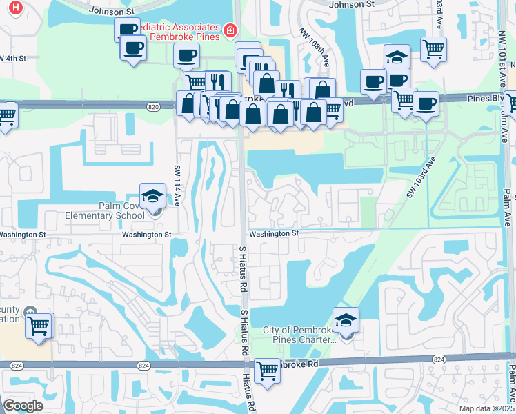 map of restaurants, bars, coffee shops, grocery stores, and more near 11133 Southwest 8th Street in Pembroke Pines