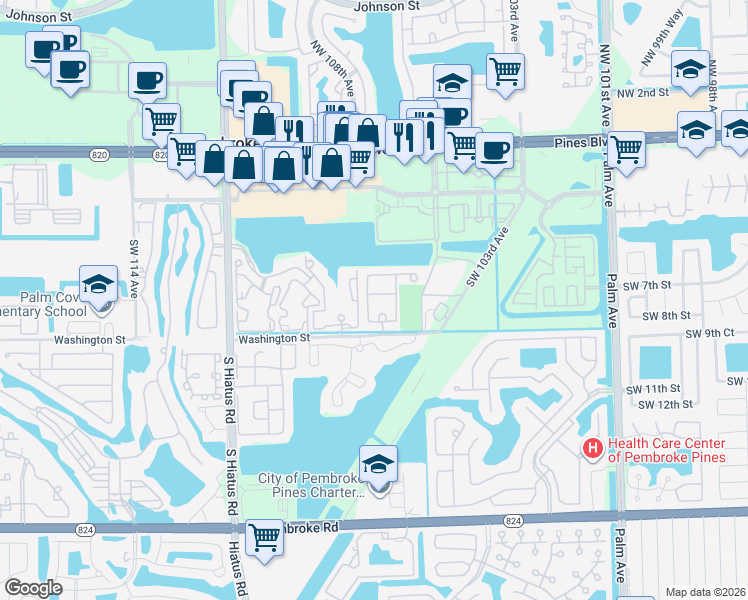 map of restaurants, bars, coffee shops, grocery stores, and more near 636 Southwest 107th Avenue in Pembroke Pines