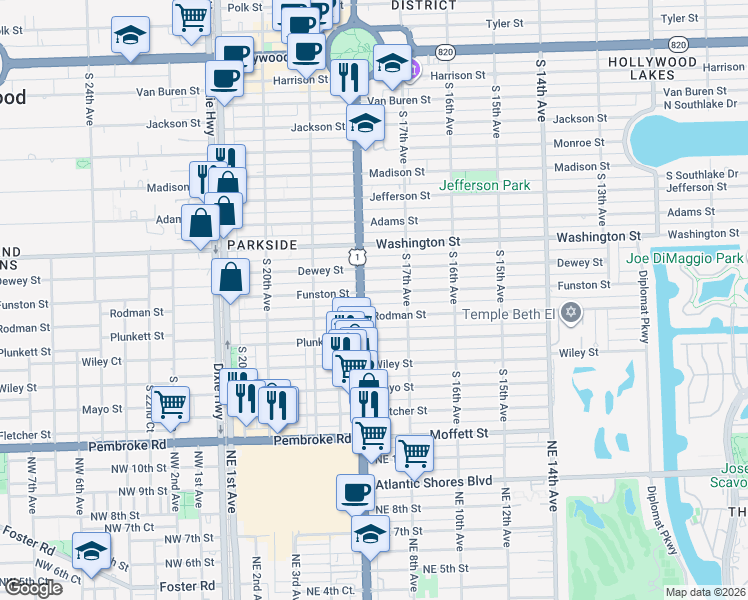 map of restaurants, bars, coffee shops, grocery stores, and more near 1739 Funston Street in Hollywood