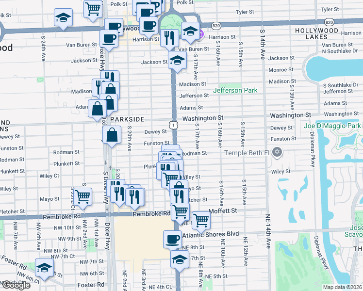 map of restaurants, bars, coffee shops, grocery stores, and more near 1740 Funston Street in Hollywood