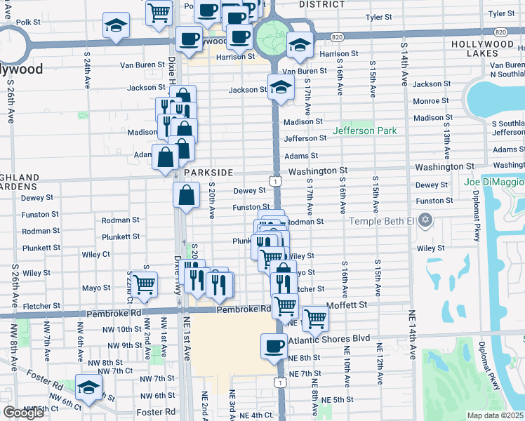 map of restaurants, bars, coffee shops, grocery stores, and more near 1824 Funston Street in Hollywood