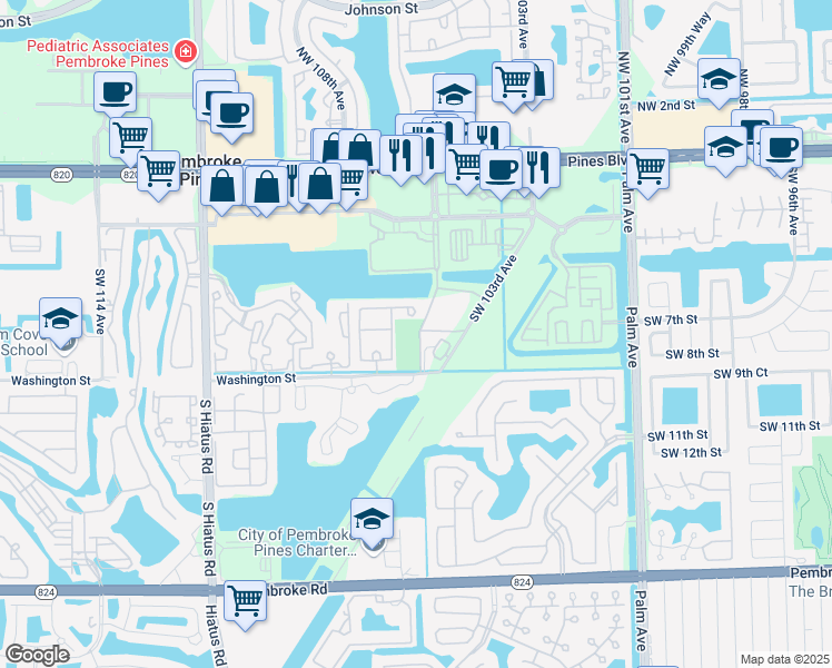 map of restaurants, bars, coffee shops, grocery stores, and more near 10601 Southwest City Center Way in Pembroke Pines