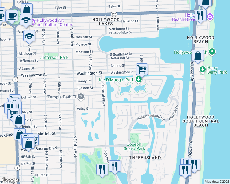 map of restaurants, bars, coffee shops, grocery stores, and more near 1170 Harbor Court in Hollywood