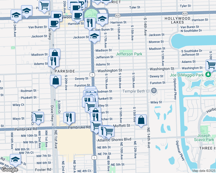 map of restaurants, bars, coffee shops, grocery stores, and more near 1015 South 17th Avenue in Hollywood