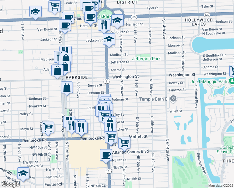 map of restaurants, bars, coffee shops, grocery stores, and more near 1739 Funston Street in Hollywood