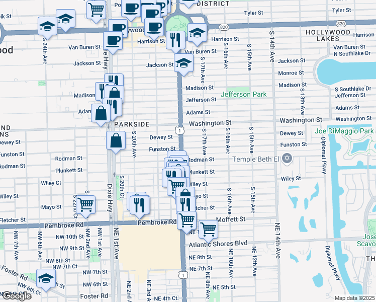 map of restaurants, bars, coffee shops, grocery stores, and more near 1739 Funston Street in Hollywood