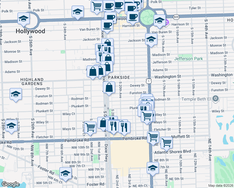 map of restaurants, bars, coffee shops, grocery stores, and more near 2029 Funston Street in Hollywood