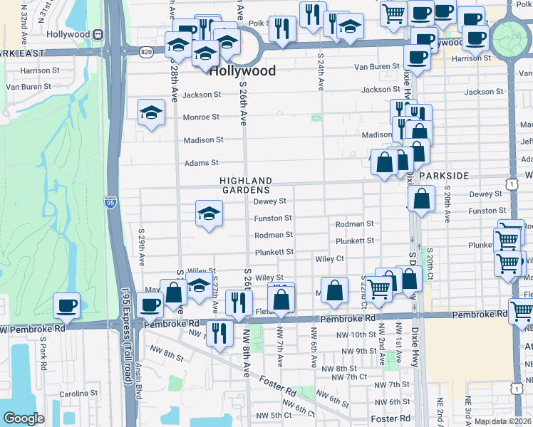 map of restaurants, bars, coffee shops, grocery stores, and more near 2502 Dewey Street in Hollywood