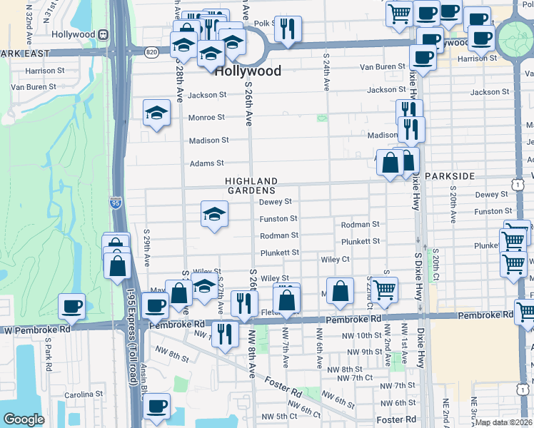 map of restaurants, bars, coffee shops, grocery stores, and more near 2546 Dewey Street in Hollywood