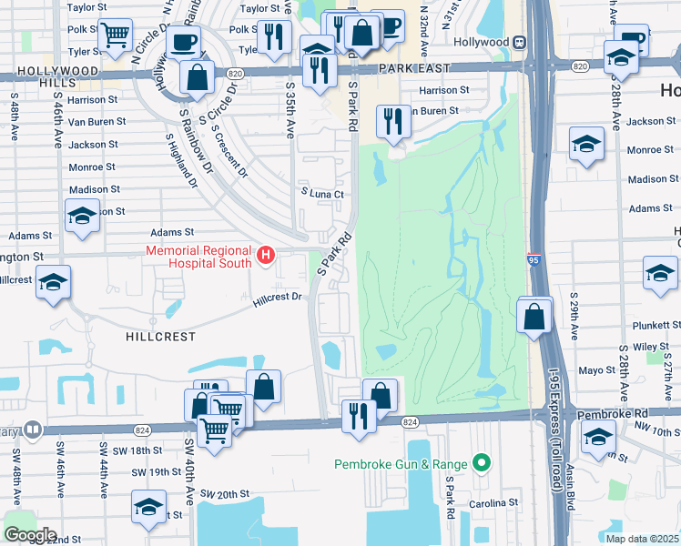 map of restaurants, bars, coffee shops, grocery stores, and more near 1121 South Park Road in Hollywood