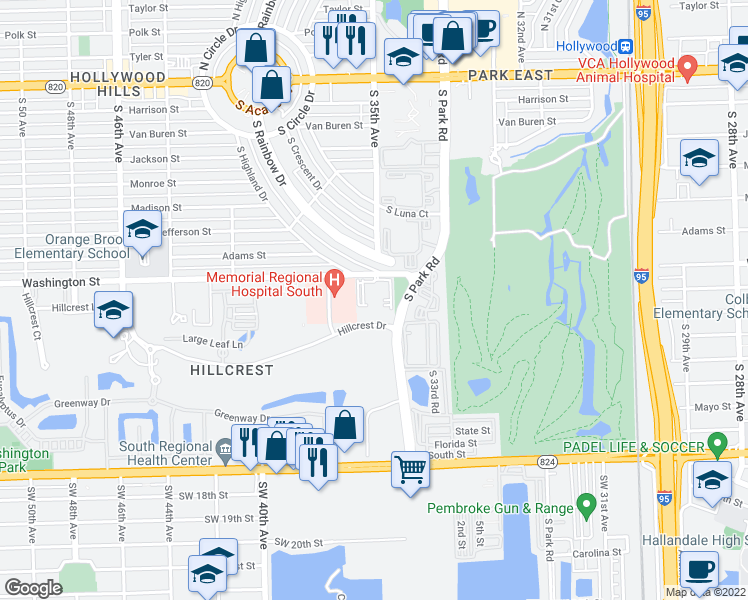 map of restaurants, bars, coffee shops, grocery stores, and more near 3500 Washington Street in Hollywood