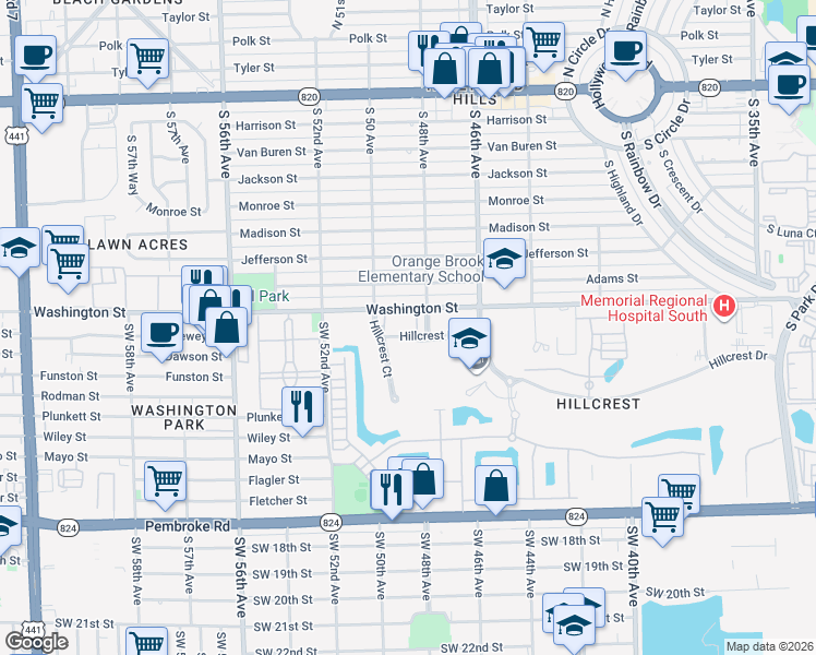 map of restaurants, bars, coffee shops, grocery stores, and more near 4802 Washington Street in Hollywood