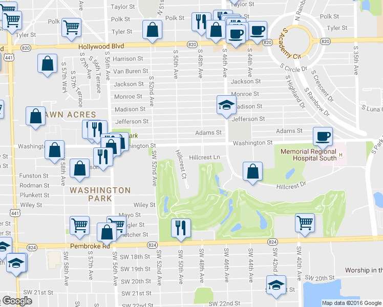 map of restaurants, bars, coffee shops, grocery stores, and more near 4950 Washington Street in Hollywood