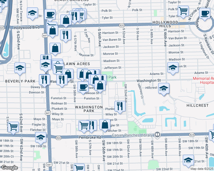 map of restaurants, bars, coffee shops, grocery stores, and more near in Hollywood