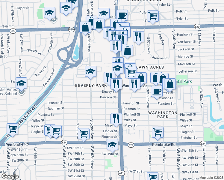 map of restaurants, bars, coffee shops, grocery stores, and more near 900 South State Road 7 in Hollywood