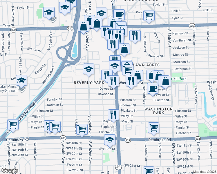 map of restaurants, bars, coffee shops, grocery stores, and more near 900 South State Road 7 in Hollywood