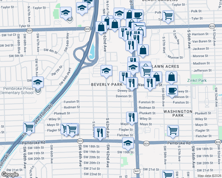map of restaurants, bars, coffee shops, grocery stores, and more near 6136 Washington Street in Hollywood