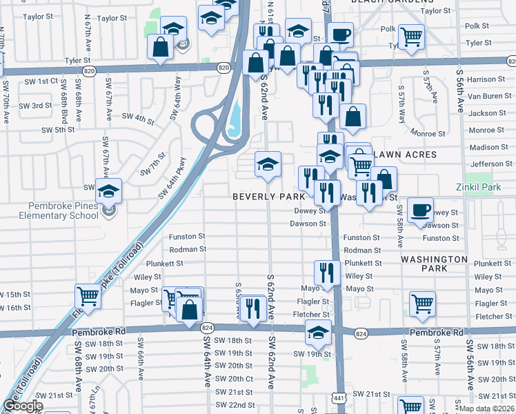 map of restaurants, bars, coffee shops, grocery stores, and more near 6224 Washington Street in Hollywood